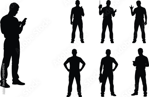 Silhouette set of diverse standing male poses with gadgets, gestures, and body language for communication, business, and lifestyle themes.