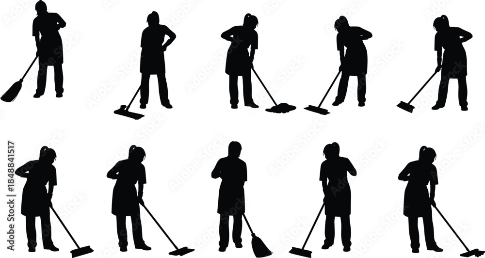 Fototapeta premium Silhouette vector set of cleaning workers performing various household chores with broom, mop, vacuum, spray, and dusting tools.