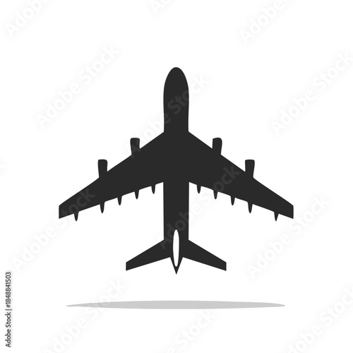 Airplane vector illustration, a simplified black silhouette of a jet plane, travel concept, flying aircraft graphic element