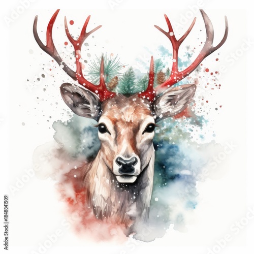 Watercolor Christmas Deer Portrait. Cute Adorable Woodland Animal for New year Card or Christmas Gift Decoration. Lovely Winter Holiday Mascot Face.	