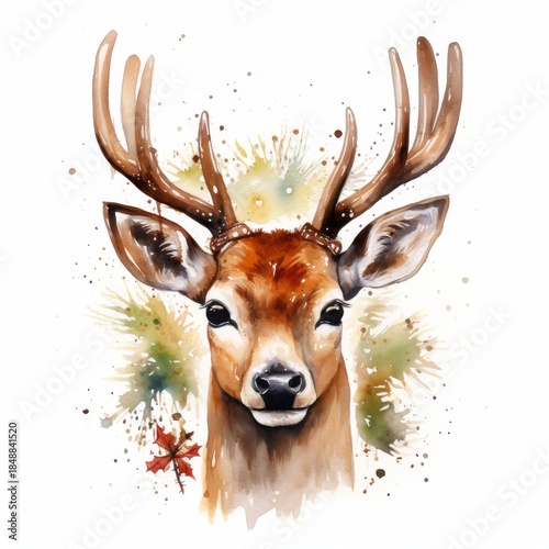Watercolor Christmas Deer Portrait. Cute Adorable Woodland Animal for New year Card or Christmas Gift Decoration. Lovely Winter Holiday Mascot Face.	