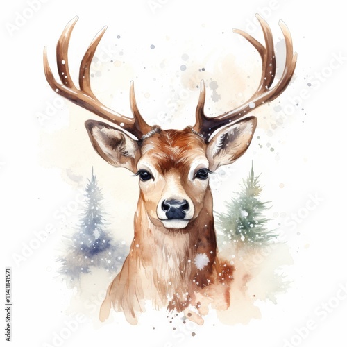 Watercolor Christmas Deer Portrait. Cute Adorable Woodland Animal for New year Card or Christmas Gift Decoration. Lovely Winter Holiday Mascot Face.	