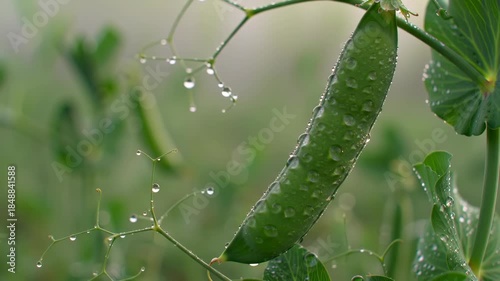Fresh green pea pod with water droplets in garden environment.