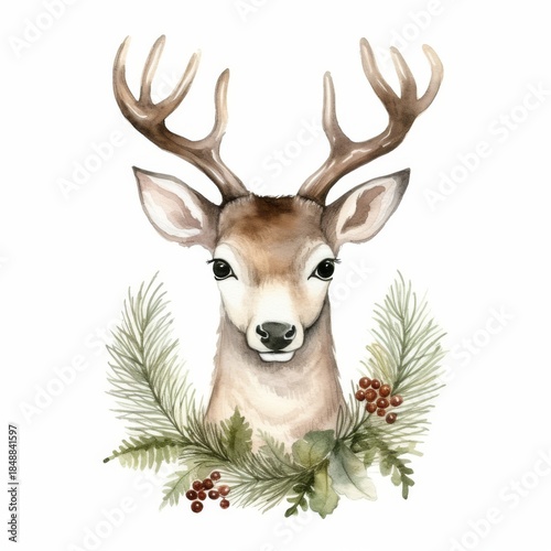 Watercolor Christmas Deer Portrait. Cute Adorable Woodland Animal for New year Card or Christmas Gift Decoration. Lovely Winter Holiday Mascot Face.	