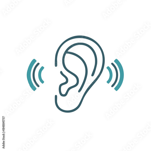 Hearing graphic simple teal line art of human ear auditory perception symbol icon with sound waves isolated on white