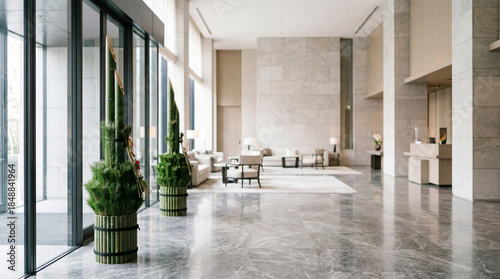 Modern hotel lobby decorated with traditional Japanese kadomatsu arrangements, creating an elegant New Year atmosphere.