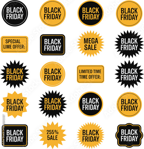 A collection of diverse black Fri day sale badges and stickers with special offers and discounts