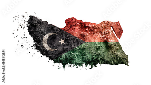 Libya map filled with national flag colors rough stone textured detailed geographic outline isolated on white background