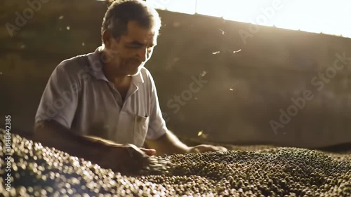 Older man inspects and sorts through a mound of coffee beans.