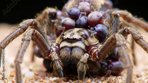 Wolf spider carries her spiderlings on her back, macro view.