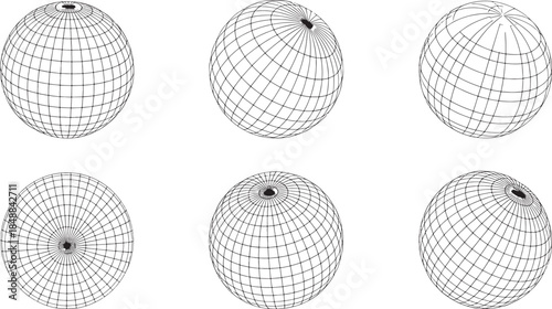 Wireframe Globe Vector Set – World Map Sphere Line Illustration, Earth Grid Icon Collection in Black and White