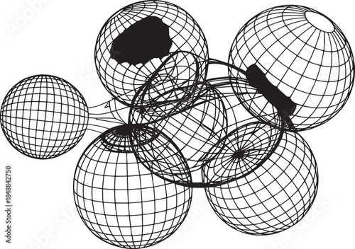 Wireframe Globe Vector Set – World Map Sphere Line Illustration, Earth Grid Icon Collection in Black and White