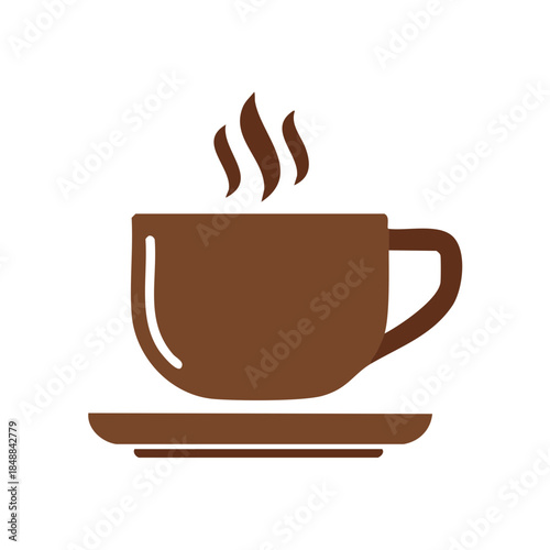 Stylized illustration of a brown cup of hot beverage on a saucer with rising steam