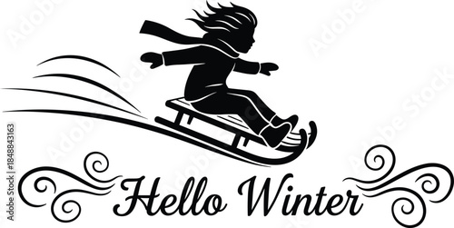 Winter child sledding downhill with scarf, snow motion lines, festive greeting text Hello Winter, seasonal fun black and white illustration