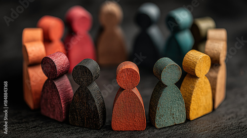 Colorful wooden figurines of people standing in circle representing diversity equality