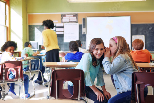 Принти на полотні Happy, children and whisper secret in classroom for rumor story, gossip together or lesson