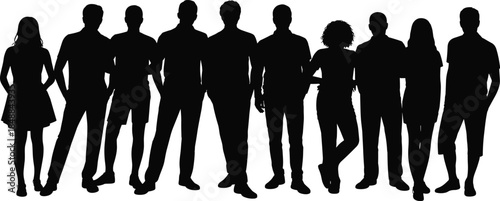 Group of diverse people silhouettes, standing together isolated on white background studio