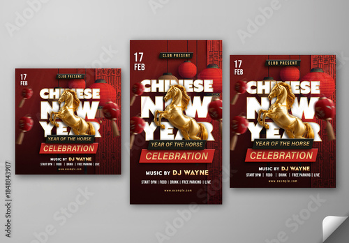 Editable 2026 Chinese New Year Party Social Media Post Template Set in Golden and Red Color for Year of the Horse Celebration.