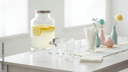 Lemonade dispenser at a cheerful party table with colorful decorations and fresh fruits