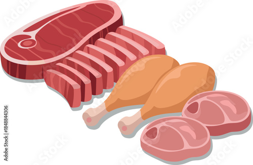 Isometric Raw Meat Assortment: Beef Steak, Ribs, Chicken Drumsticks, and Pork Chops for Cooking