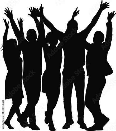 Joyful group of people silhouettes, celebrating together isolated on abstract pink background