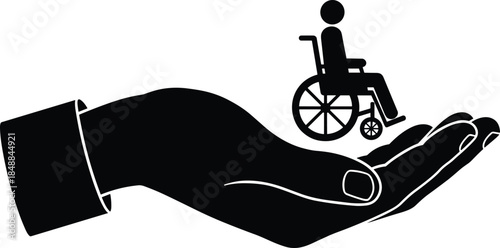 Silhouette of hand supporting person in wheelchair, symbolizing disability care, medical assistance, social support, and inclusive healthcare services.