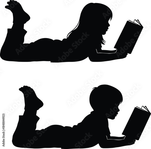 Silhouette of girl and boy reading books while lying down, promoting children’s education, literacy, learning, and imagination in vector style