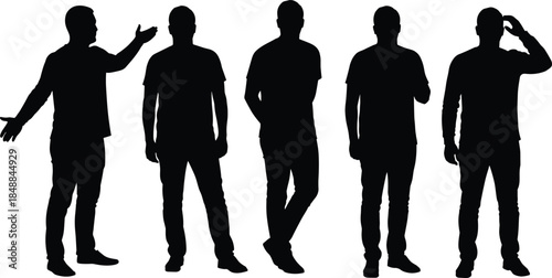Silhouette of standing man in various expressive poses, casual body language, talking, thinking, hands in pockets, vector illustration set