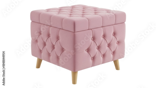 Foto Isolated pink velvet storage ottoman with button-tufted details and wooden legs,