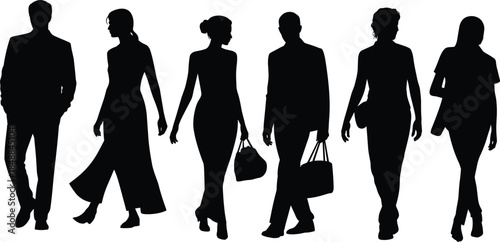 Stylish group of people silhouettes walking together isolated on white background, modern lifestyle concept