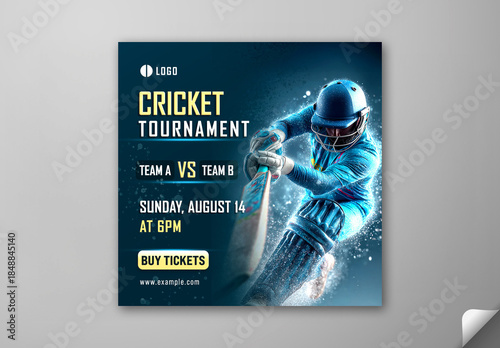 Editable Cricket Tournament Social Media Post Template with Participating Teams and Dispersion Effect Cricket Batter Player in Action on Blue Background.