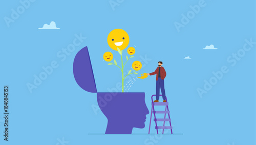 A man watering brain growing happy smiling face seedling plant. Wellbeing, happiness or positive attitude, relaxation to reduce anxiety increasing positive emotion, feeling or mental wellbeing.