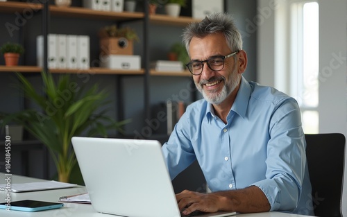Smiling busy middle aged professional business man working on laptop at office desk. Older mature Indian happy male entrepreneur worker typing on computer, executive manager using pc in office.