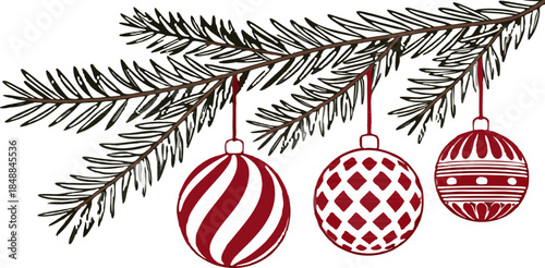 Christmas ball border design featuring red baubles suspended from branches, isolated on transparent background for holiday vector decoration projects.