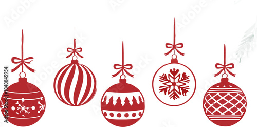 Hanging red Christmas baubles arranged as a decorative border with branch accents, isolated on transparent background vector artwork.