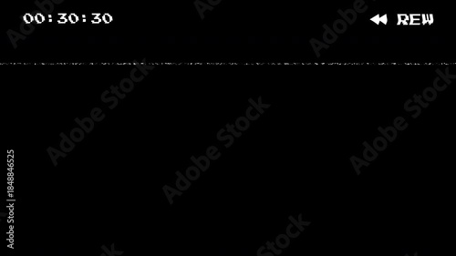 Analog vhs rewind display with glitch distortion and timecode, ideal for vintage video production, glitch aesthetic designs, and retro media themes. 4k video