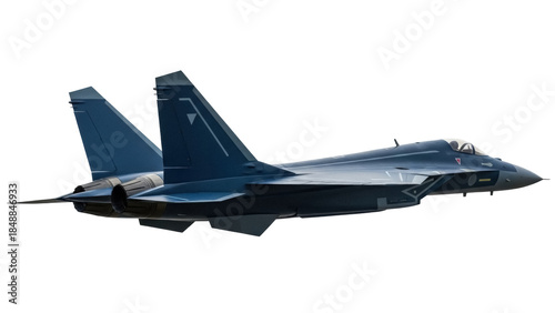 Canvas-taulu Isolated dark blue fighter jet, an air force warplane ready for combat in the sk