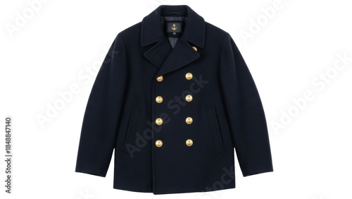Foto Isolated navy blue pea coat with gold buttons, classic warm outerwear for men an