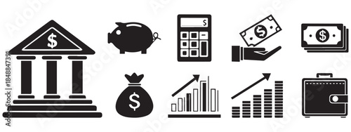 Bank and Finance Icons Vector – Money, Savings, Investment, Business Growth Symbols