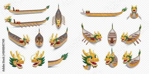 Set of traditional Chinese dragon boat elements for racing festival design.