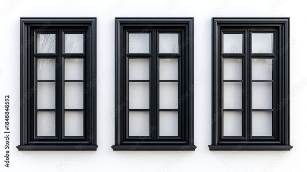 Obraz premium Series of four double-hung windows aligned vertically against a plain background. The window panes are divided into sections by dark mullions that run horizontally across the glass