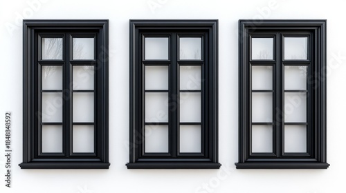 Series of four double-hung windows aligned vertically against a plain background. The window panes are divided into sections by dark mullions that run horizontally across the glass