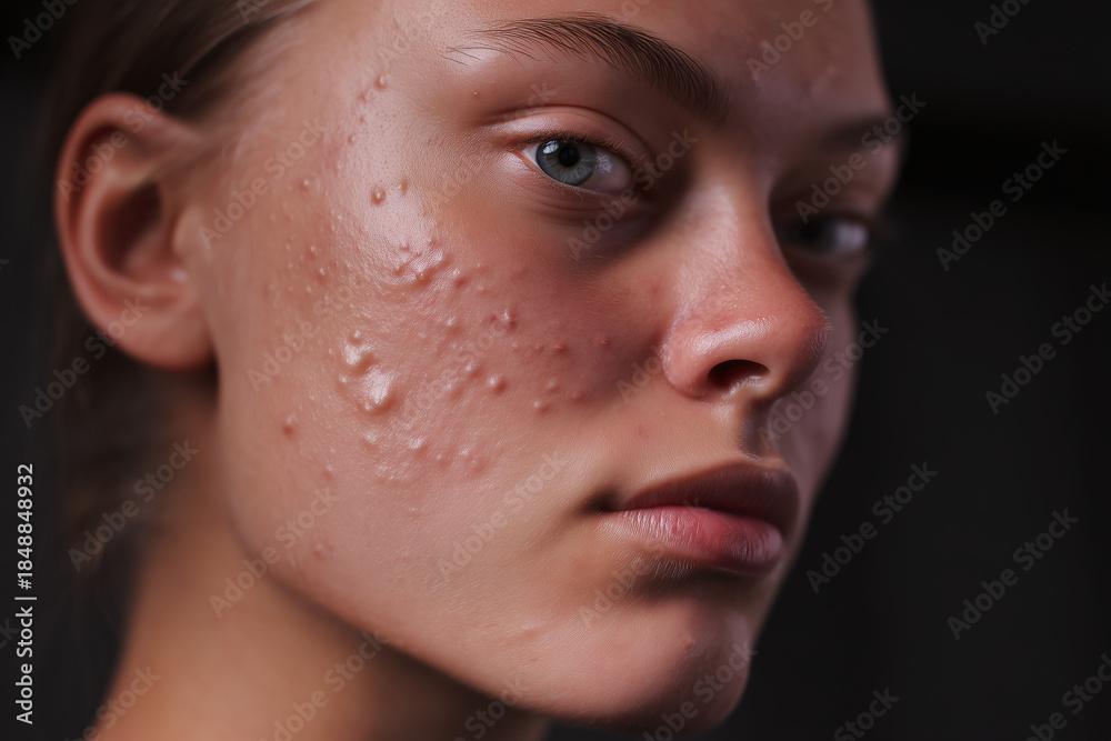 Fototapeta premium close-up portrait of a young woman with acne, skincare, cosmetology