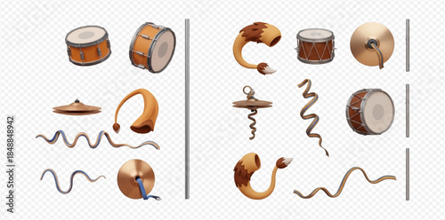 Set of cartoon musical instruments including drums, cymbals, and horns, with sound waves.