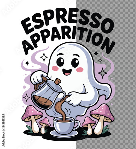 Espresso Apparition: A whimsical illustration showcases a friendly ghost conjuring a steaming cup of espresso amidst mystical mushrooms and cosmic energy, perfect for a cozy morning vibe.