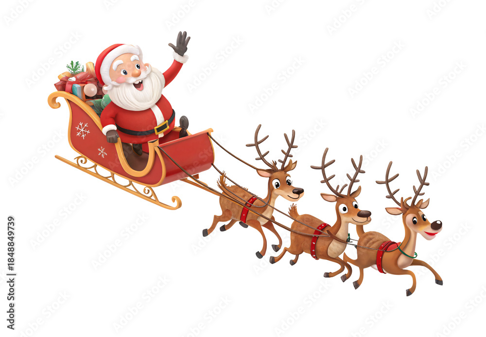Fototapeta premium Santa Claus riding sleigh with three reindeer waving hand, isolated on a transparent background