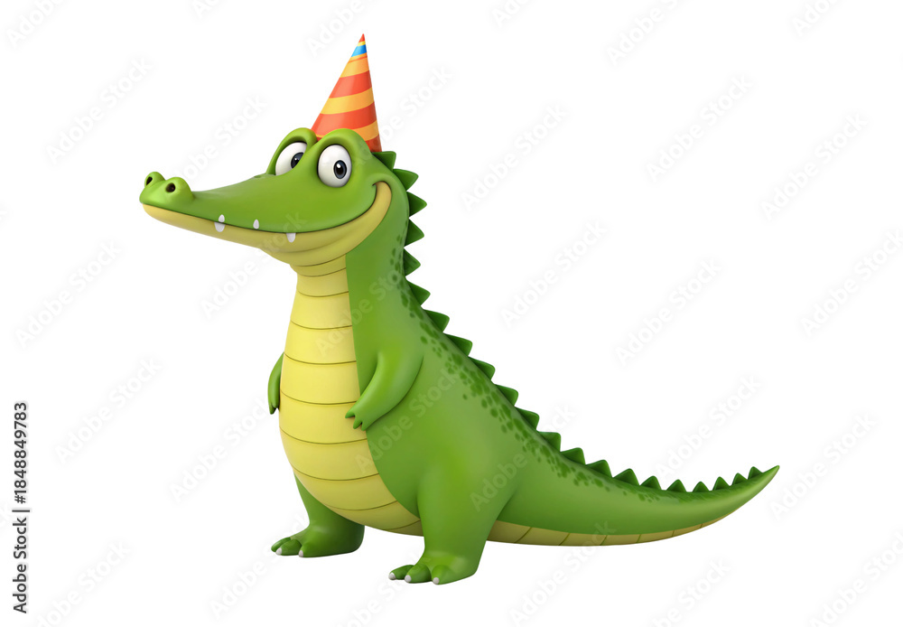 Fototapeta premium Green cartoon crocodile wearing orange striped party hat smiling, isolated on a transparent background