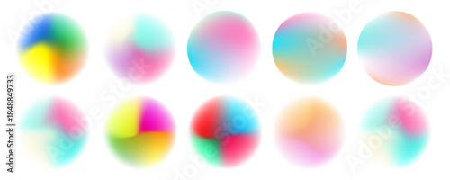 Bright colorful circle gradient set. Round blur gradation background collection. Iridescent radial blurry shape pack for poster, banner, leaflet, brochure. Eps10