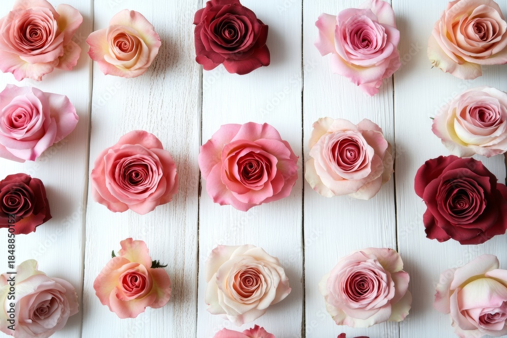 Fototapeta premium A beautiful arrangement of pink and red roses on a rustic wood table.