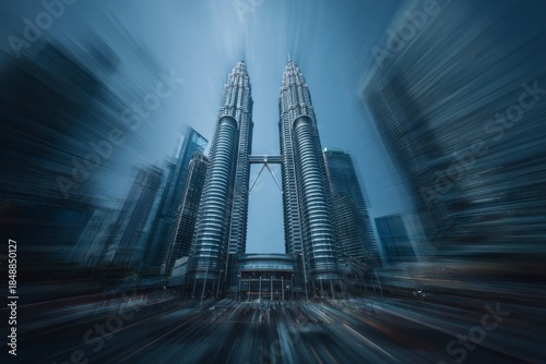 Tall modern skyscrapers dominate the urban landscape with dramatic motion blur effects